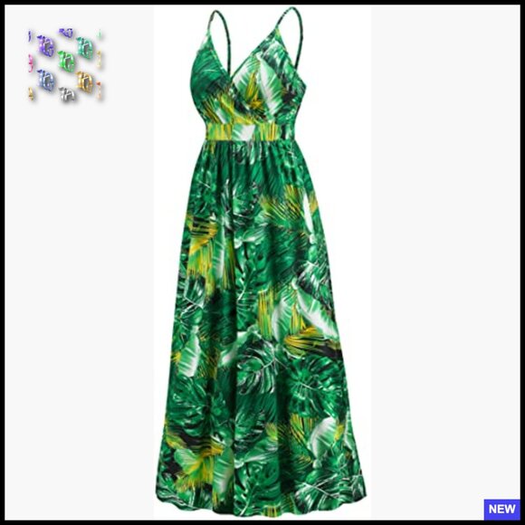 Boho Maxi Dress Floral V-Neck Spaghetti Strap Summer Beach Casual Elegant - Picture 5 of 6